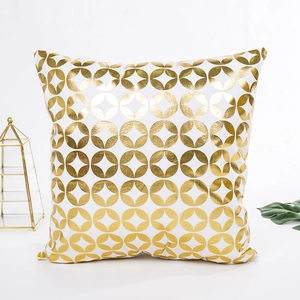 Modern square white pillow cover with geometric gold metallic pattern for sofa decor