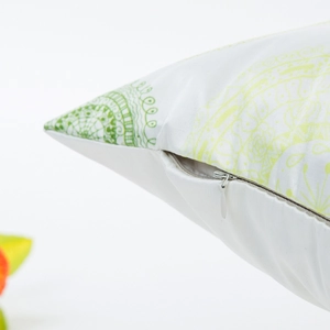 White satin faux silk pillowcase with green mandala pattern and hidden zipper detail