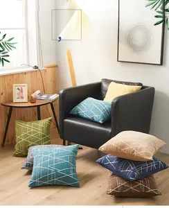 Close-up of chenille throw pillow covers with minimalist geometric lines on a sofa