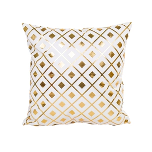 Minimalist white square pillow cover featuring golden metallic geometric diamond pattern