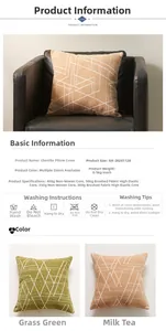 Detailed view of green chenille pillowcase texture and washing instructions on sofa
