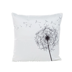 Nordic dandelion cushion cover in white faux silk fabric with minimalist black print