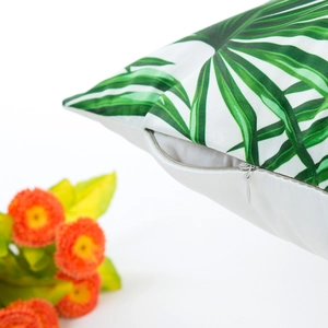 Faux silk satin pillowcase with tropical green leaf patterns and invisible zipper closure
