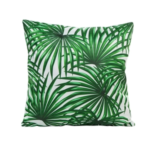 Faux silk satin cushion cover with green tropical palm leaf print on white background