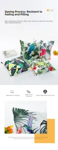 Macro detail of tropical green leaf and parrot prints on decorative satin pillowcases