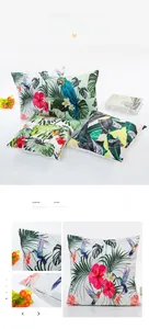 Macro view of tropical hummingbirds and parrots digital print with hidden zipper detail
