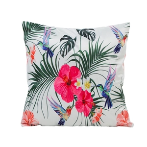 Square tropical throw pillow cover with red hibiscus flowers, green palm leaves and hummingbirds