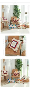 Detail of bohemian tufted cushion cover with colorful geometric patterns and fringe tassels