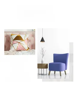 Detail of pink and gold geometric velvet cushion on a modern purple fabric armchair