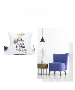 Detail of Mediterranean ocean cushion with gold foil palm leaf pattern on modern blue chair