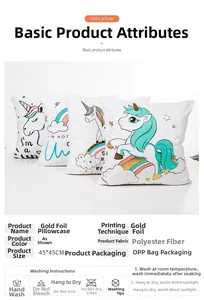 Detail view showing unicorn gold foil pillow cover specs, material and washing instructions