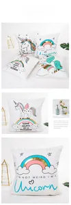 Detail of colorful gold-stamping unicorn pattern on white decorative pillowcase