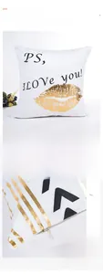 Detail of hidden zipper and golden foil lip print on striped square pillowcase