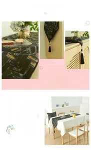 Detailed macro view of geometric jacquard table runner with golden textures and black tassels