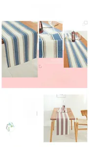 Close-up of cotton linen table runner featuring striped weave texture on wooden dining table
