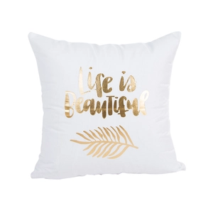 White linen Easter pillowcase with golden Life is Beautiful text and palm leaf print