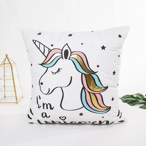 Cute colorful unicorn throw pillow cover with gold foil accents and stars for home decor