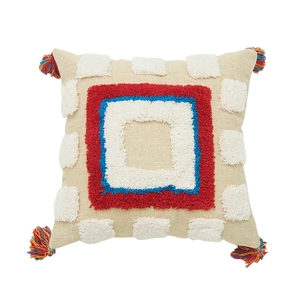 Vintage tufted square pillow cover with colorful tassels and geometric patterns