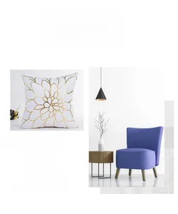 Close-up of modern white square cushion cover with gold foil floral patterns and home scene