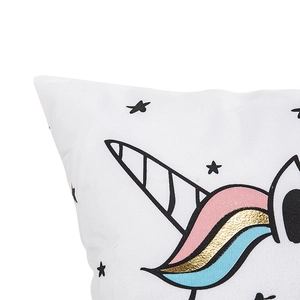 Colorful unicorn pillow cover with gold foil accents on white canvas fabric