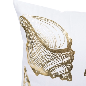 Mediterranean white throw pillow cover with golden foil seashell print detail