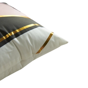 Pink and black geometric cushion cover with gold foil lines and velvet texture