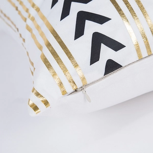 Modern striped throw pillow cover with black V-patterns and gold foil on white fabric