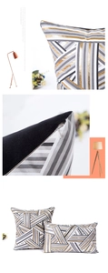 Detail of geometric gold foil stripes on decorative pillow covers with hidden zippers