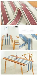 Macro detail of herringbone weave and thick cotton linen texture on striped table runner