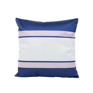 Faux silk satin pillow cover with blue and pink geometric wave stripes on white backdrop