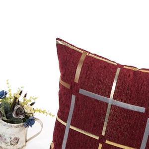 Plaid bronzing chenille cushion cover in burgundy with gold geometric grid pattern