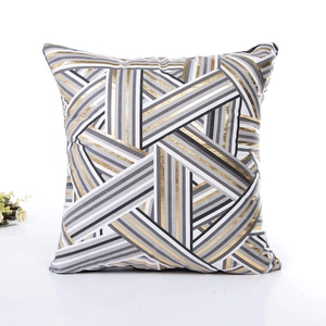 Modern square pillow cover with geometric gold stripes and grey textures for home sofa