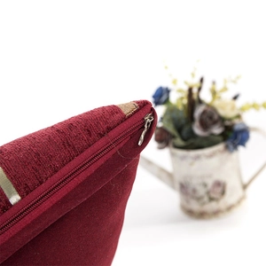 Plaid chenille burgundy cushion cover with hidden zipper and metallic gold accents