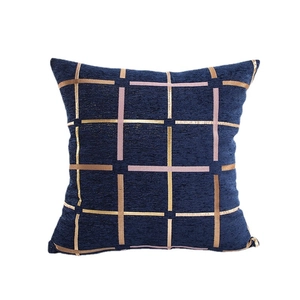 Navy blue chenille cushion cover with pink and gold checkered pattern for sofa decor