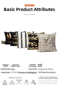 Detailed set of 45x45cm gold foil cushion covers with geometric patterns in black and white