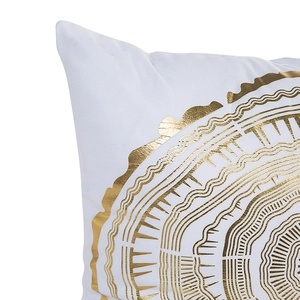 Modern white throw pillow cover with golden mandala pattern and woven texture finish
