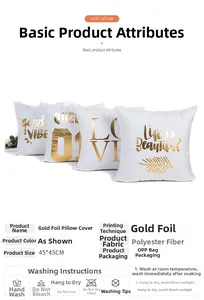 Detail of gilded white polyester pillowcase set with gold LOVE letters 45x45cm