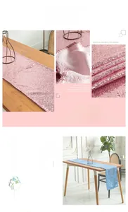 Detail of pink and light blue sequin table runners with dense sparkling embroidery