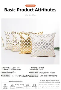 Detail of four white and gold geometric bronzing pillowcases with material and size info