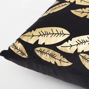 Black decorative pillowcase with metallic gold feather print and soft suede texture