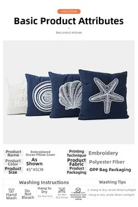 Detailansicht von vier maritimen Canvas-Kissen mit weißer Stickerei und Seestern