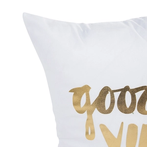 White plush pillow cover with gold foil 'good VIBES' lettering for modern sofa decor