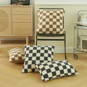 Fuzzy checkerboard lamb wool pillow covers in brown and black for sofa home decor