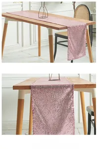 Detail of rose gold sequin table runner showing dense reflective texture and shiny finish
