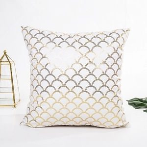 Modern white square pillowcase featuring golden geometric wave patterns for home decor