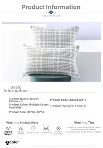 Macro detail of grey woven throw pillow cover with size specifications and fabric texture
