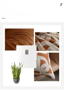 Macro shot of geometric chain embroidery and fine stitching on caramel brown pillow cover