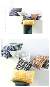 Close-up of woven grid textures on colorful decorative denim pillowcases for sofas