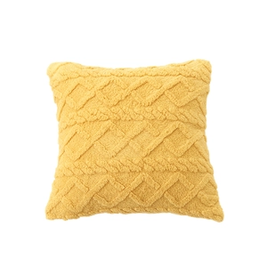 Ginger yellow plush square pillowcase with 3D geometric jacquard pattern on white background