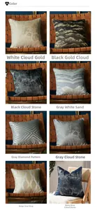 Detail view showing eight patterns of luxury geometric cushion covers on a leather chair